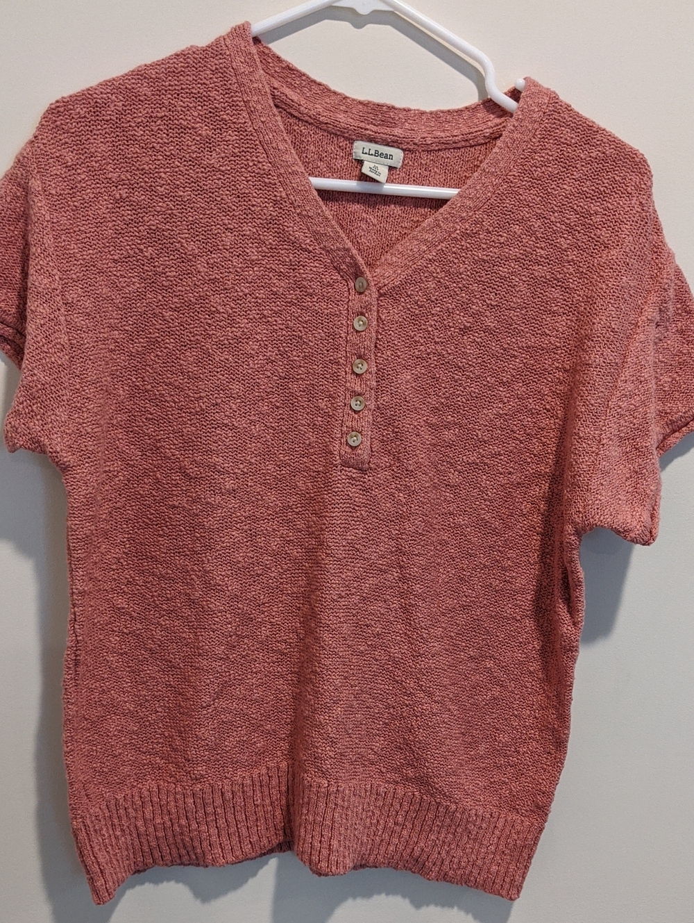 L.L. Bean Women's Size M Petite Heathered Rose Short-Sleeve Henley Sweater Top